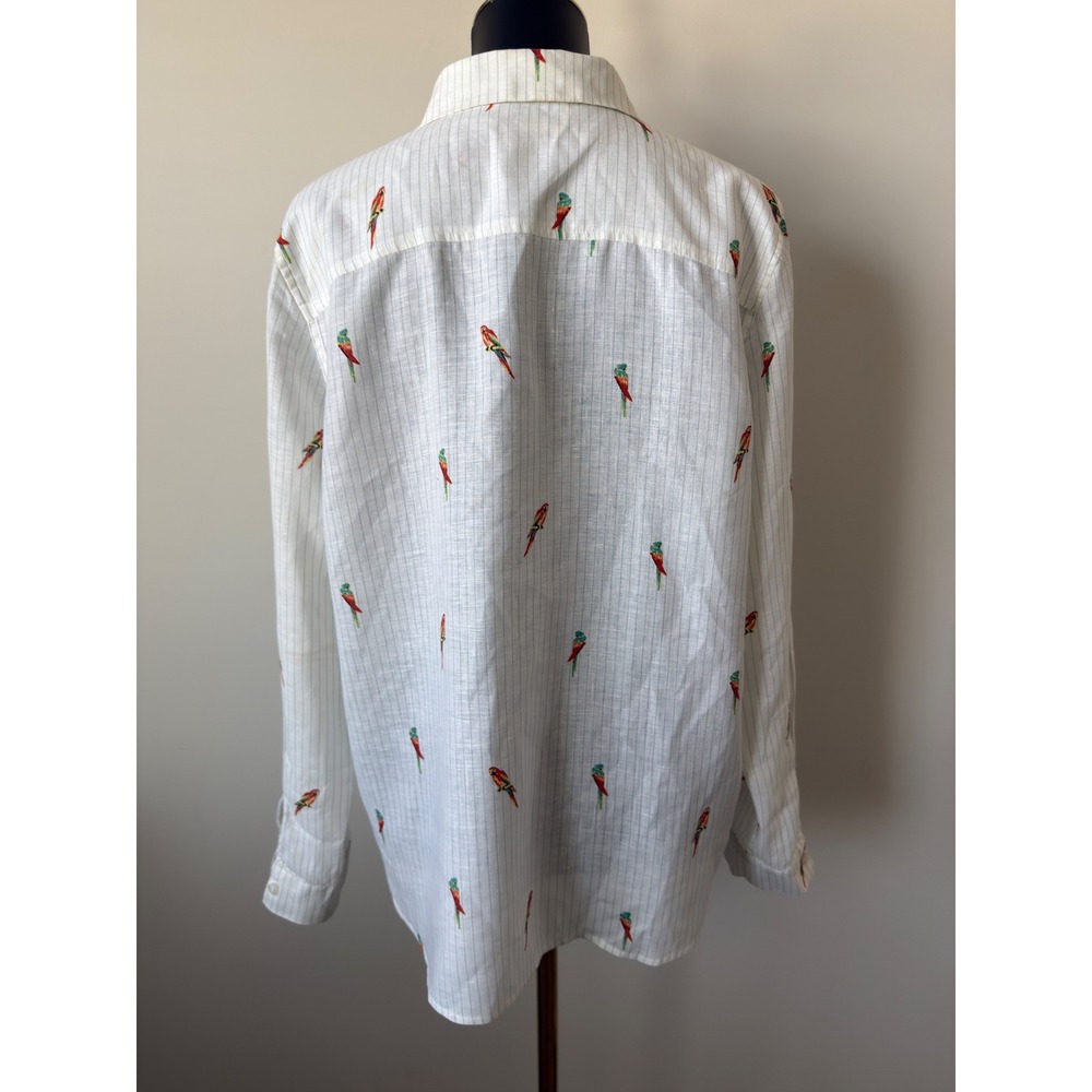 Chicos No Iron Linen Shirt Womens 2 (L) White Blue Pinstripe Parrot Embroidery - Picture 8 of 14
